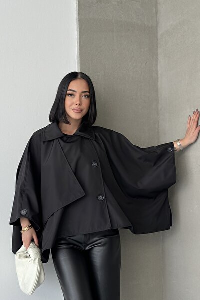 ALFUDO Moda Collection Trench negru cu mâneci tip liliac, guler cu nasturi, c...