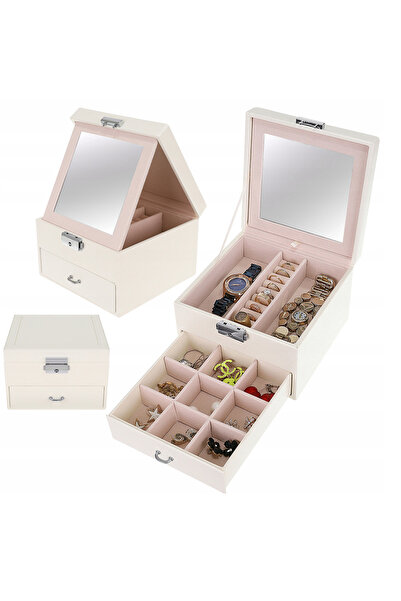 zola Cutie de bijuterii, 2 niveluri, oglindă, 16x16x11 cm, piele albă