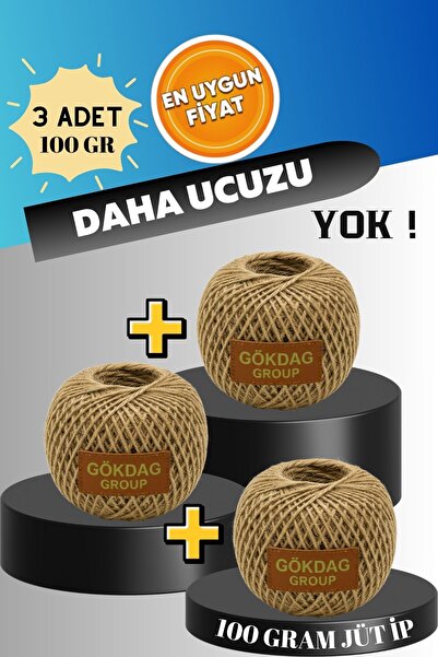 GÖKDAĞ GROUP Doğal Jüt Kırnap 3 Adet 100 Gram Yumak Paketleme ve Süs İpi