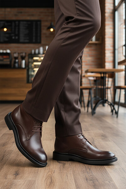 AYAKMOD Ανδρικές μπότες από γνήσιο δέρμα με κορδόνια καφέ AG1188-1013 M