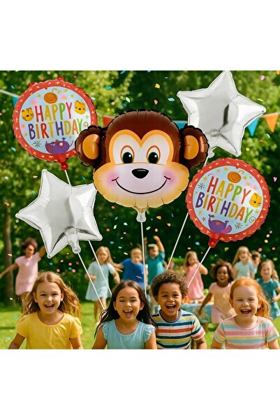 zola Σετ 5 μπαλονιών με ζώα, Zola, σχέδιο μαϊμούς, διαφορετικά μεγέθη, ασημί