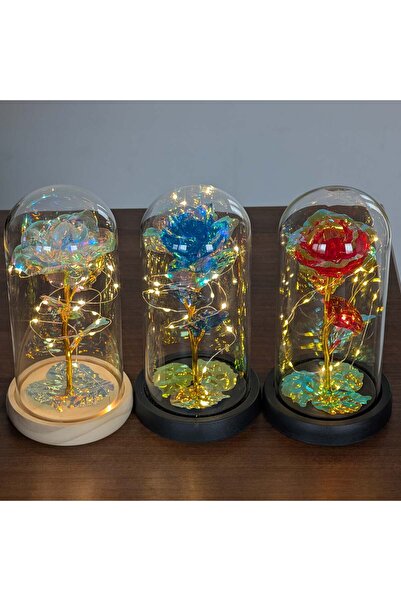 zola Trandafir decorativ albastru cu nuante aurii, cupola de sticla si leduri, diametru 9 cm, 22 x 11 cm