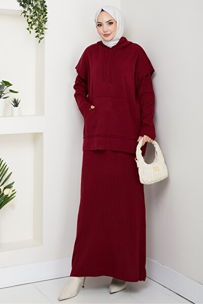 Bestenur Hooded Tunic Dress Knitwear Set 1645 - Claret Red