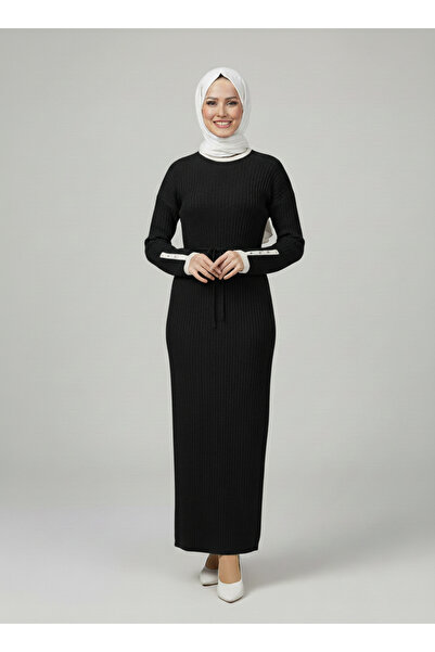 BENAHOLL Φόρεμα Delasya με πέτρες στα μανίκια και κοτλέ γενειάδες-KR5022 Μαύρο