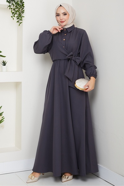 Bestenur Φόρεμα με γιακά πουκάμισο με χιαστί δέσιμο 1636 - Ανθρακί