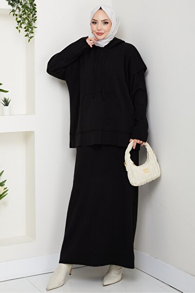 Bestenur Hooded Tunic Dress Knitwear Set 1645 - Black