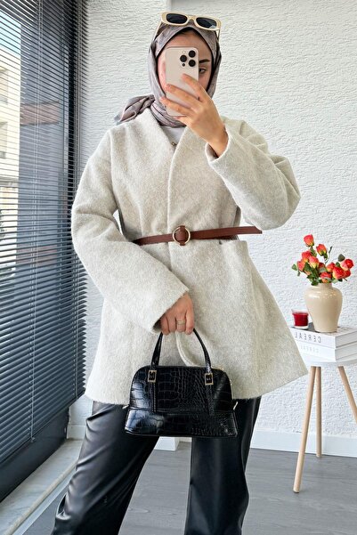 MELEK ARAZ Palton din pâslă Premium decolteu petrecut în V cu centură – piatră