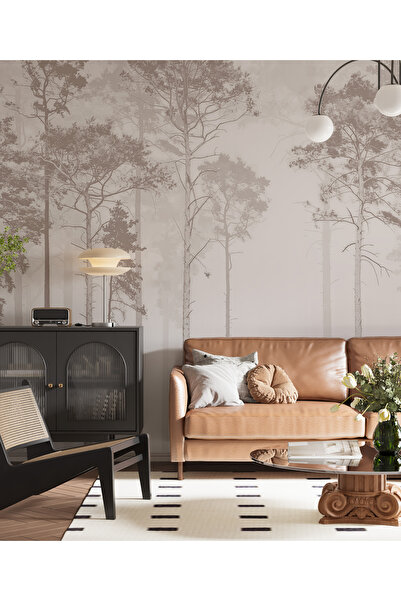 Tasarım Monochrome Uzun Ağaçlar Sisli Puslu Orman Sepya Renk Konsept Duvar Kağıdı