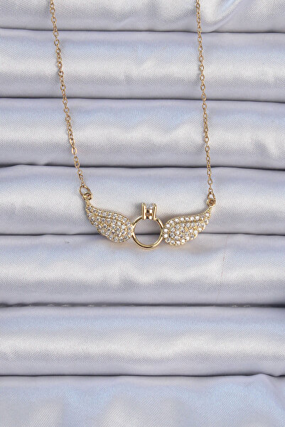 Skygo 316L سلسلة فولاذية ذهبية اللون مجنح قلادة سوليتير - TJ-BKO9077