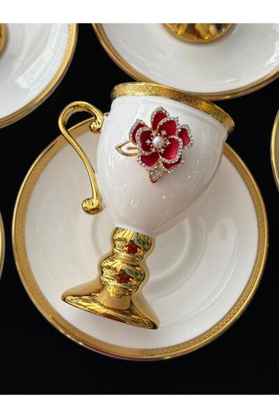 LOKMAN ZÜCCACİYE 6-Piece Stone-Set Red Rose Brooch-Decorated Gilt-Footed Porcelain Coffee Cup Set 90 ml