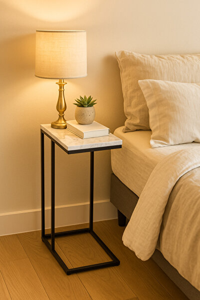 MARIA HOMES Slim C-Shaped Side Table with Black Metal Frame – Modern Sofa Snack Table for Living Room