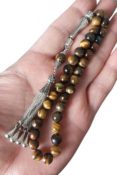 oftenadmire Natural Stone Tiger's Eye Prayer Beads, 33 Beads Silver Color 4-Piece Drop Model Tassel Rosary, Gift Boxed