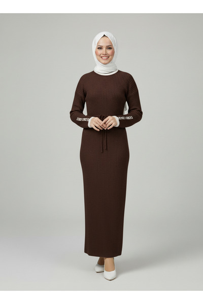 BENAHOLL Rochie Delasya cu material reiat barbe și piatră pe mână-KR5022 maro