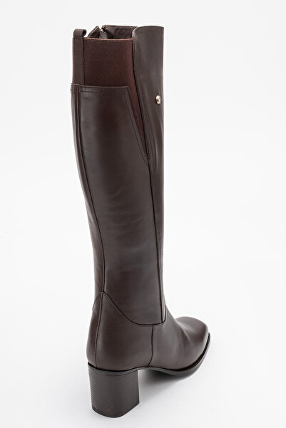 Dericlub Women's Stretch Elastic Blunt Toe Heeled Boots Real Leather Br 88068 Brown