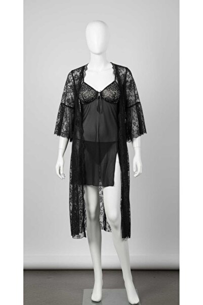 Baljina طقم ثوب نوم وروب صباحي من التول الأسود