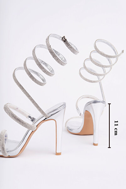 Women Lay-z Women's Evening Dress Heeled Sandals Stone Detailed Ankle-Wrap Shiny Thin Heel 11 cm Elegant Stylish Design