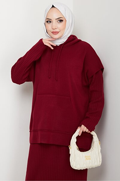 Bestenur Hooded Tunic Dress Knitwear Set 1645 - Claret Red