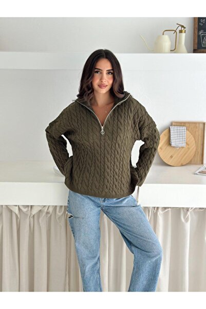 Jeevee Pulover tricotat guler ridicat cu model împletit și cu jumătate de fer...