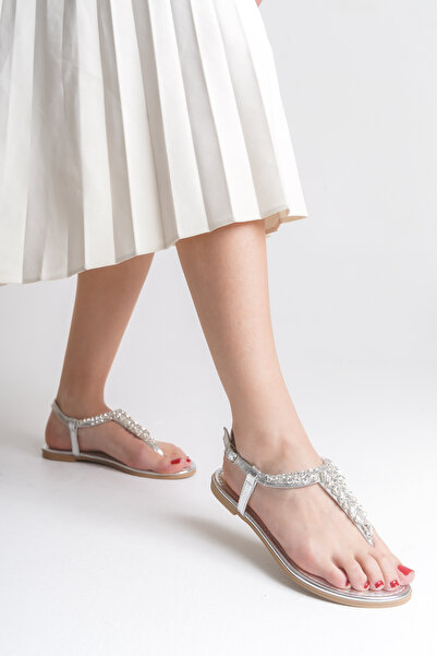 VONJE Nora Silver Colored Stone Flip-Flops Women's Slippers Sandals