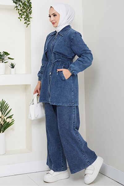 Bestenur Σετ με κορδόνια παντελόνι και τζιν δύο τεμαχίων 1641 - Μπλε