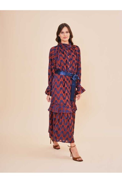 SERPİL Desenli Kuşaklı Uzun Elbise 50982