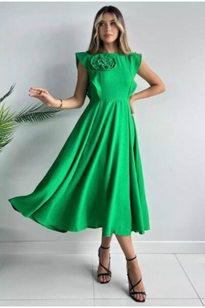 OEM Emerald Green A-line Dress with 3D Flower – Elegant and Comfortable – Size 36