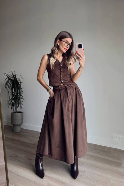Sue Store Brown Slim F Corded Fabric Vest Skirt Velvet Suit