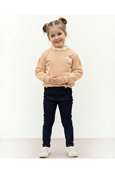 VOY KİDS Girl's Floral Embroidered Collar Detail, Leggings Included, Ages 2-10, Stylish Top and Bottom Set
