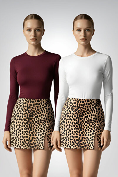 Thestiluxe Crew Neck Stretch Fabric Long Sleeve Diving Fabric Basic Black White 2-Piece Bodysuit