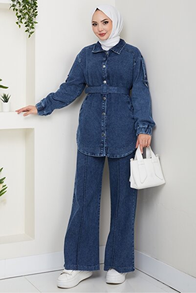 Bestenur Jacket Pants Jeans Two-Piece Set 1637 - Blue