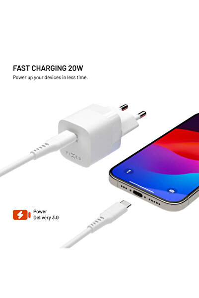 FIXED Încărcător Type-C + cablu Type-C fix, 20W, alb, FIXC20M2-CC-WH