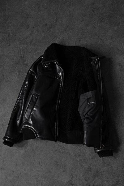 Slatra Men's Black Filled Fur Leather Coat