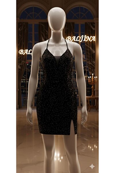 Baljina Siyah Sim Detaylı Mini Elbise