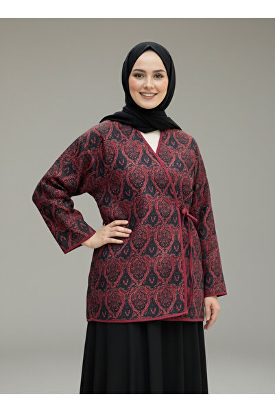 BENAHOLL معطف مونيرا مبطن بنمط عرقي بدون ياقة مع رباط - MF9444 لون نبيذي