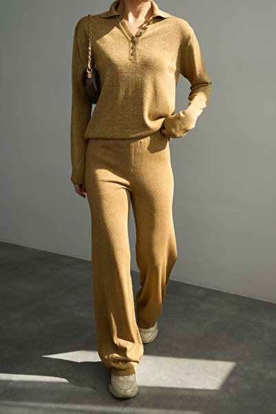 LOOSH Kadın Gold Yüksel Bel Lastikli Geniş Kesim Simli Triko Pantolon