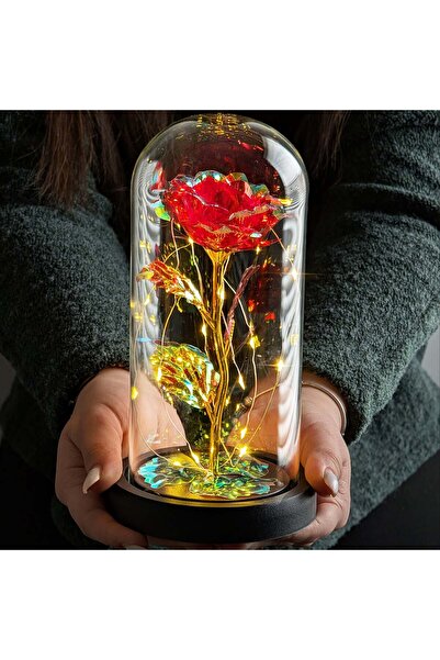zola Διακοσμητικό κόκκινο τριαντάφυλλο με χρυσές αποχρώσεις, γυάλινο θόλο και...