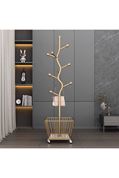 Un علاقة ملابس فاخرة بتصميم غصن شجرة وسلة تخزين سفلية مزودة بعجلات، تجمع بين ...