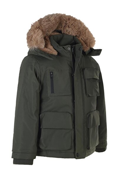 Civil Boys Παλτό με κουκούλα και γούνα για 6-9 ετών - Χακί 8-9 ετών