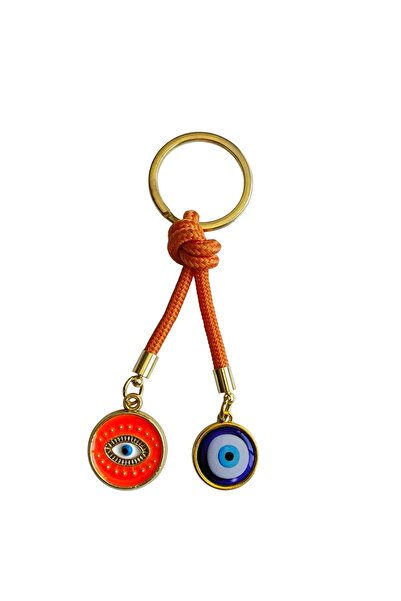 Mixperi Double Evil Eye Beaded Keychain – Metal Keychain with Orange String, Symbol of Luck and Protection, Eye Motif
