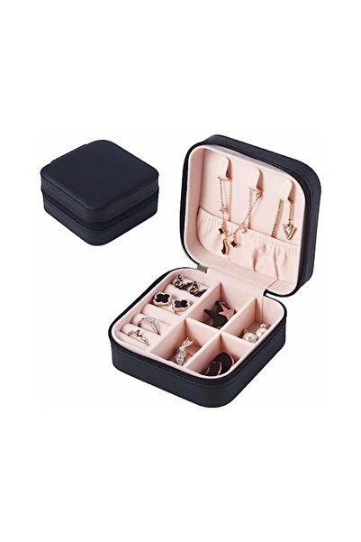 zola Jewelry organizer, square, with zipper, removable compartments, 10x10x5 cm, black