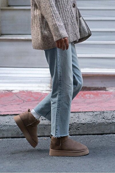 BURAK ALDAY SHOES Γυναικείες μπότες μίνι σουέντ με χοντρή σόλα με επένδυση από γούνα