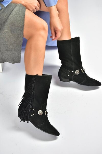 Fox Shoes V380625502 Siyah Süet Püskül Detaylı Kadın Bot