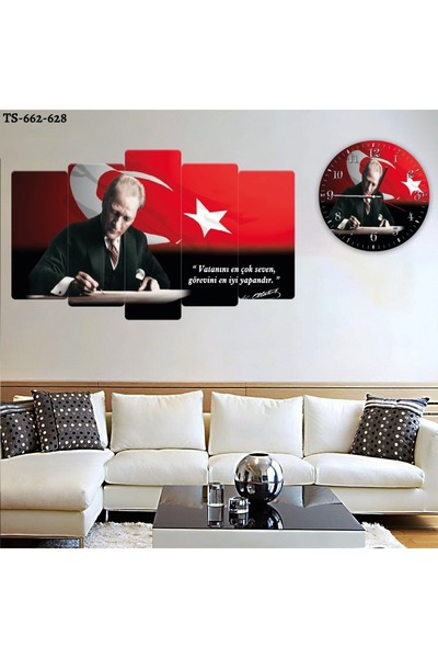FORONEUS Atatürk Bayraklı 5 li Mdf Tablo ve Saat Seti