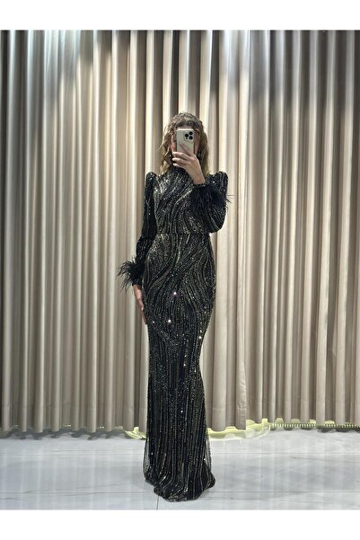 Kaleiçi Yıldızlar Siyah Yeni Sezon Taşlı Tesettür Abiye 6375