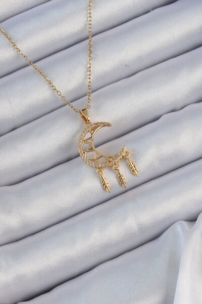 Skygo 316L Steel Chain Gold Color Engraved Zircon Stone Moon Necklace - Tj-Bko9171