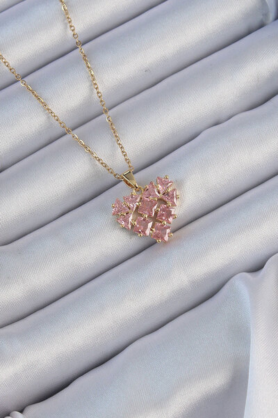 Skygo 316L Steel Chain Gold Color Pink Segmented Zircon Stone Heart Necklace - Tj-Bko9163