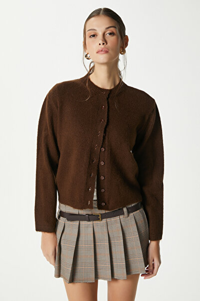 Ritnice Women's Nina Crew Neck Brown Basic Cardigan