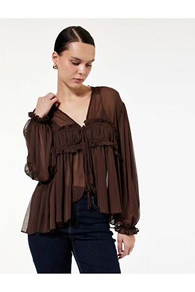 Koton Long Sleeve See-Through V-Neck Ruffle Detail Front Tie-Up Tulle Blouse