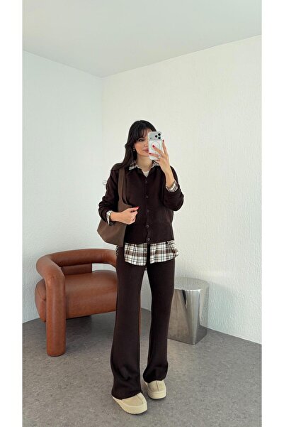 HAZELANNA بدلة تريكو بنية مع سترة