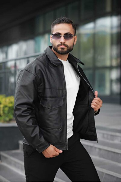 GOOD FASHION Oversize Rahat Kalıp Cep Detaylı Erkek Deri Ceket